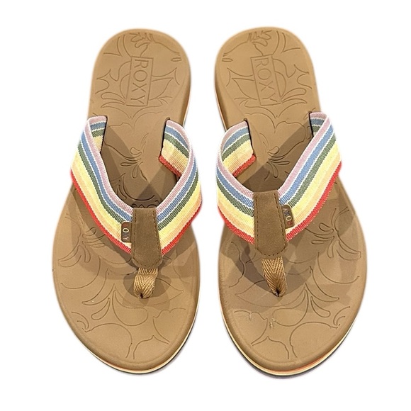 Roxy Colbert Hi High Multicolor Rainbow Stripe Cushioned Sandals Flip Flops 10 - Picture 2 of 11